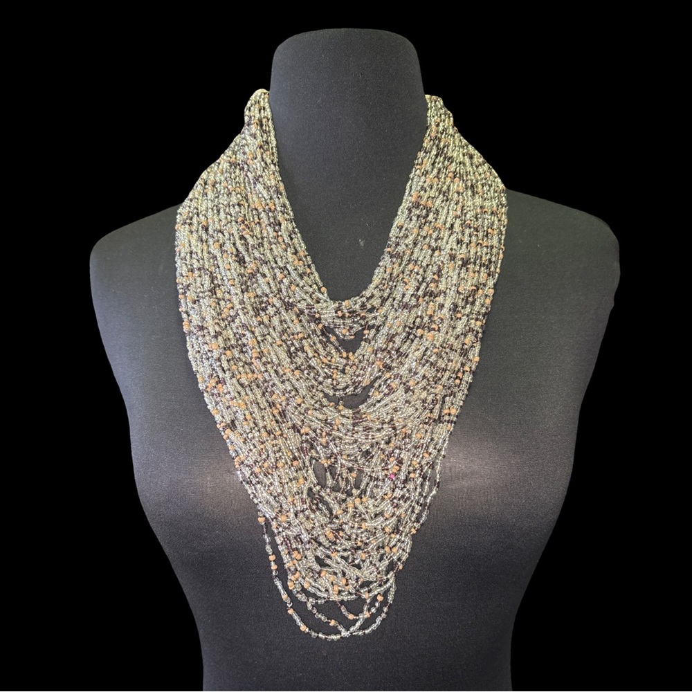 Boho Multistrand Seed Bead Statement Necklace – Layered Bib Style – New
